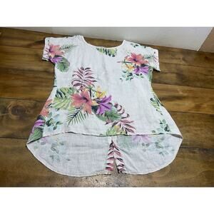 Terzo Millennio Small Tunic Blouse Linen Floral Hi Lo Coastal Lagenlook Italy